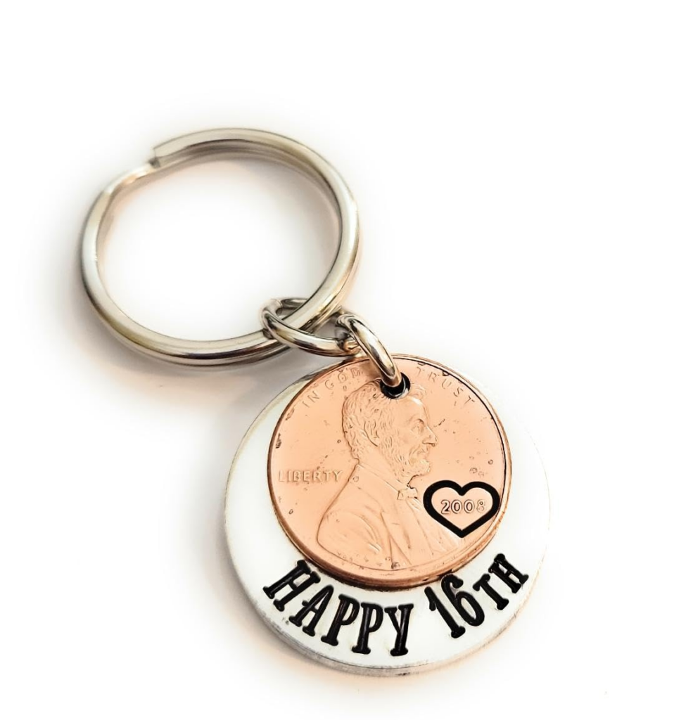 Happy 16th Birthday Gift with a Lucky 2008 Penny Copper Coin Key Chain Teenage New Driver